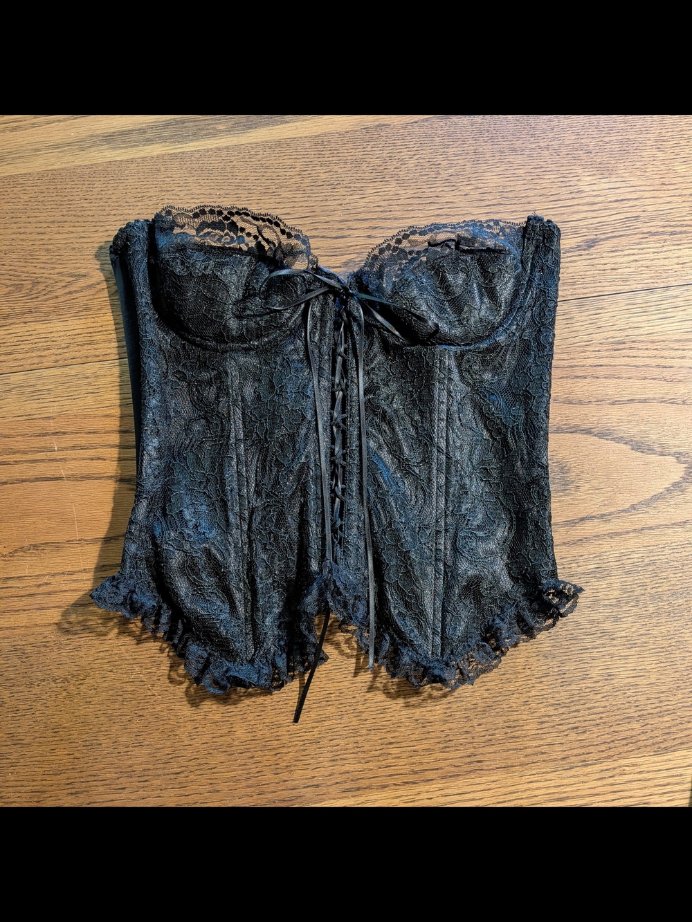 Fagioni Vintage Black Lace Corset Bustier Top with Ribbon Tie